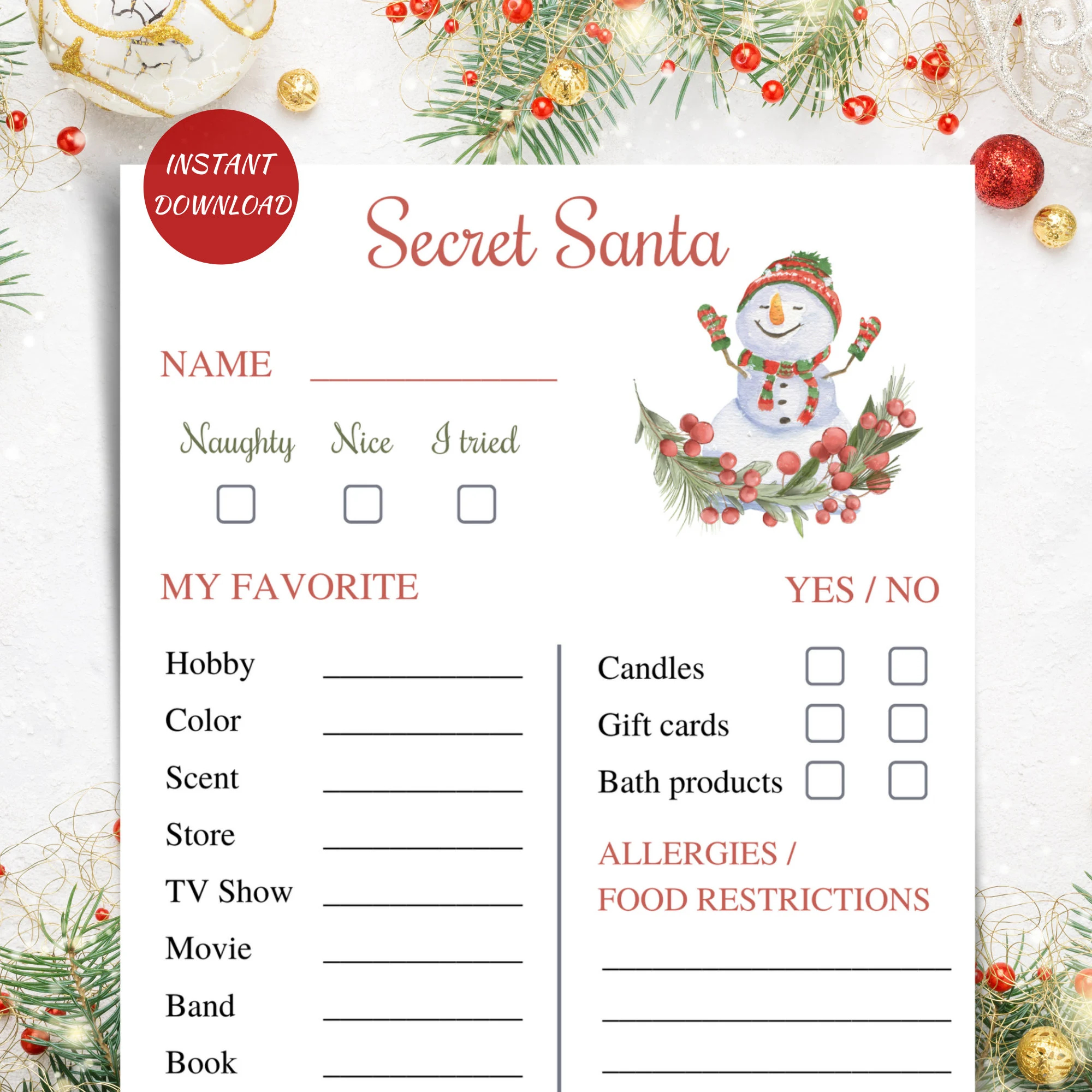 Printable Secret Santa Questionnaire Gift Info Card DOWNLOAD Etsy