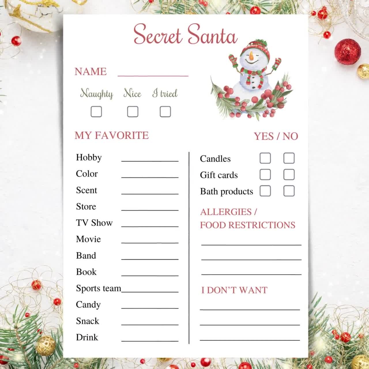 Printable Secret Santa Questionnaire Gift Info Card DOWNLOAD Etsy