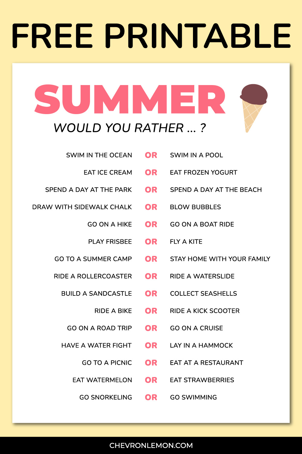printable summer would you rather questions for kids chevron lemon