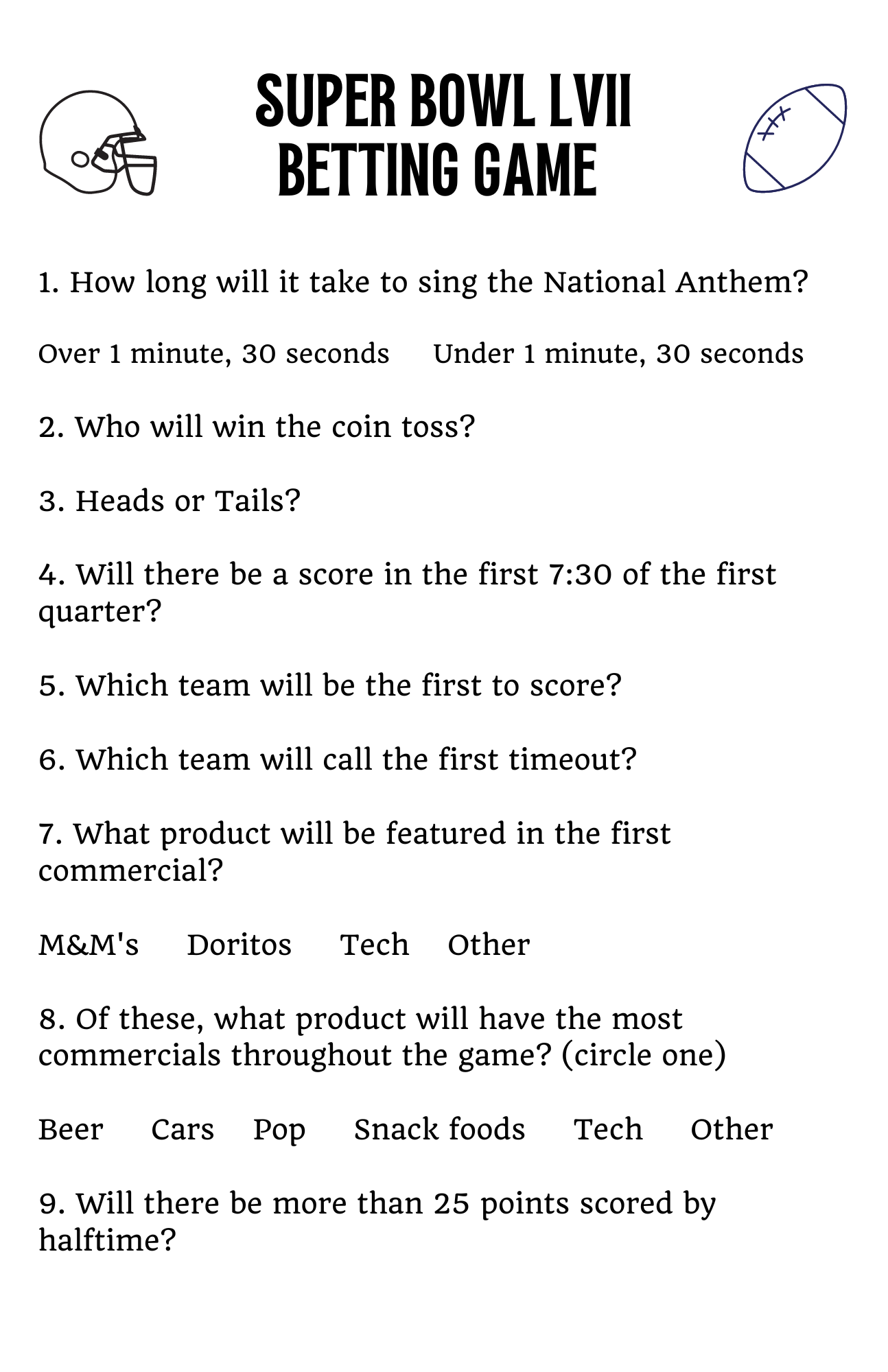 Printable Super Bowl Party Game Wit Wander Worksheets Library