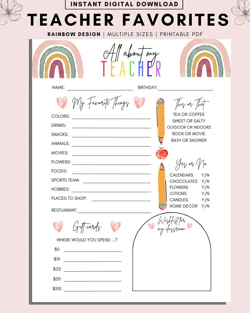 Printable Teacher Questionnaire Getting To Know You Questionnaire Getting To Know You Printable Teachers Favorite Things Back To School Etsy