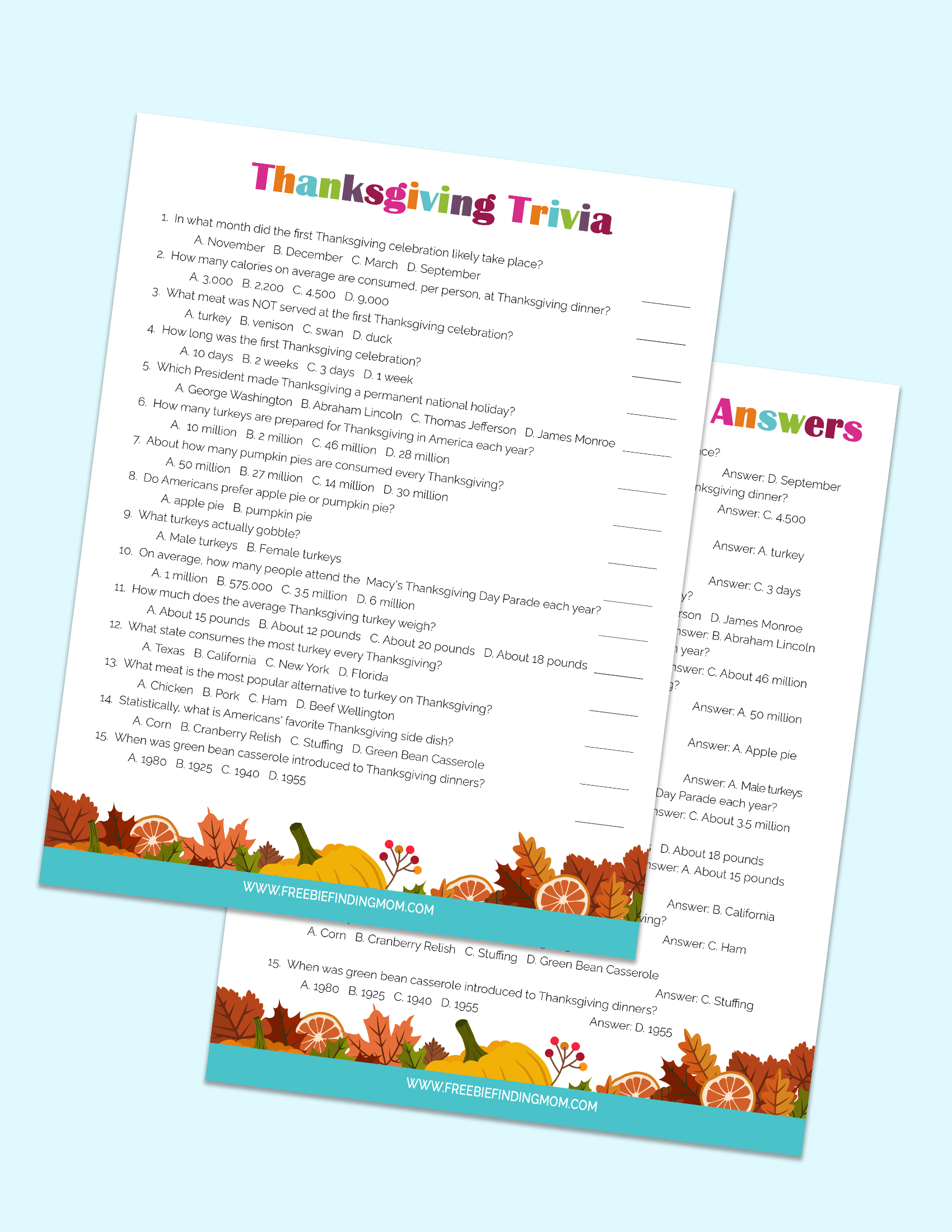 Printable Thanksgiving Activities For Kids Fun Trivia Game