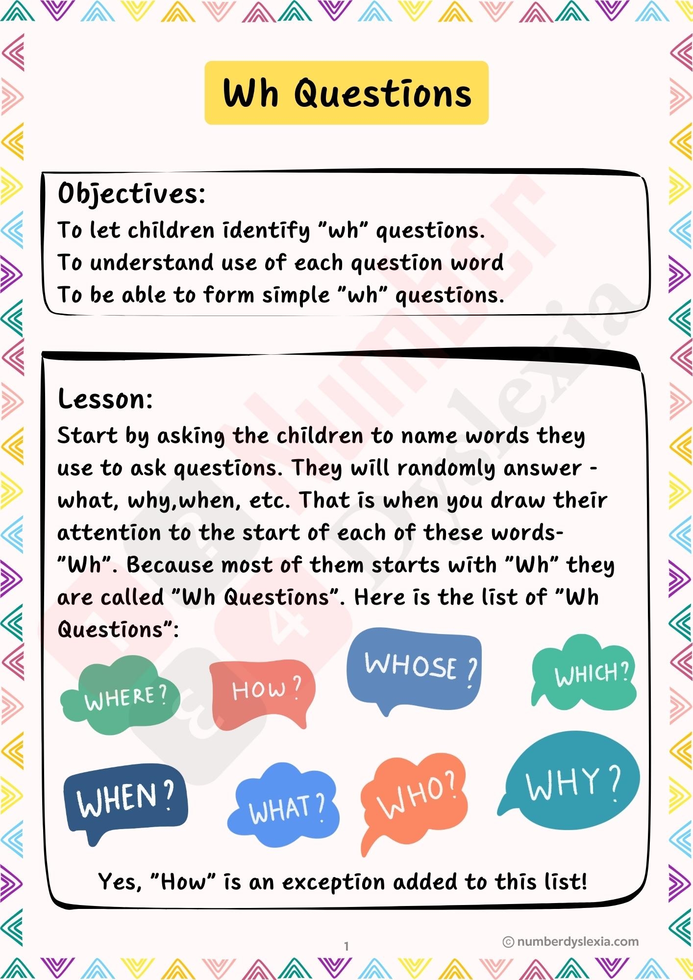 Printable Wh Questions Lesson Plan PDF Included Number Dyslexia