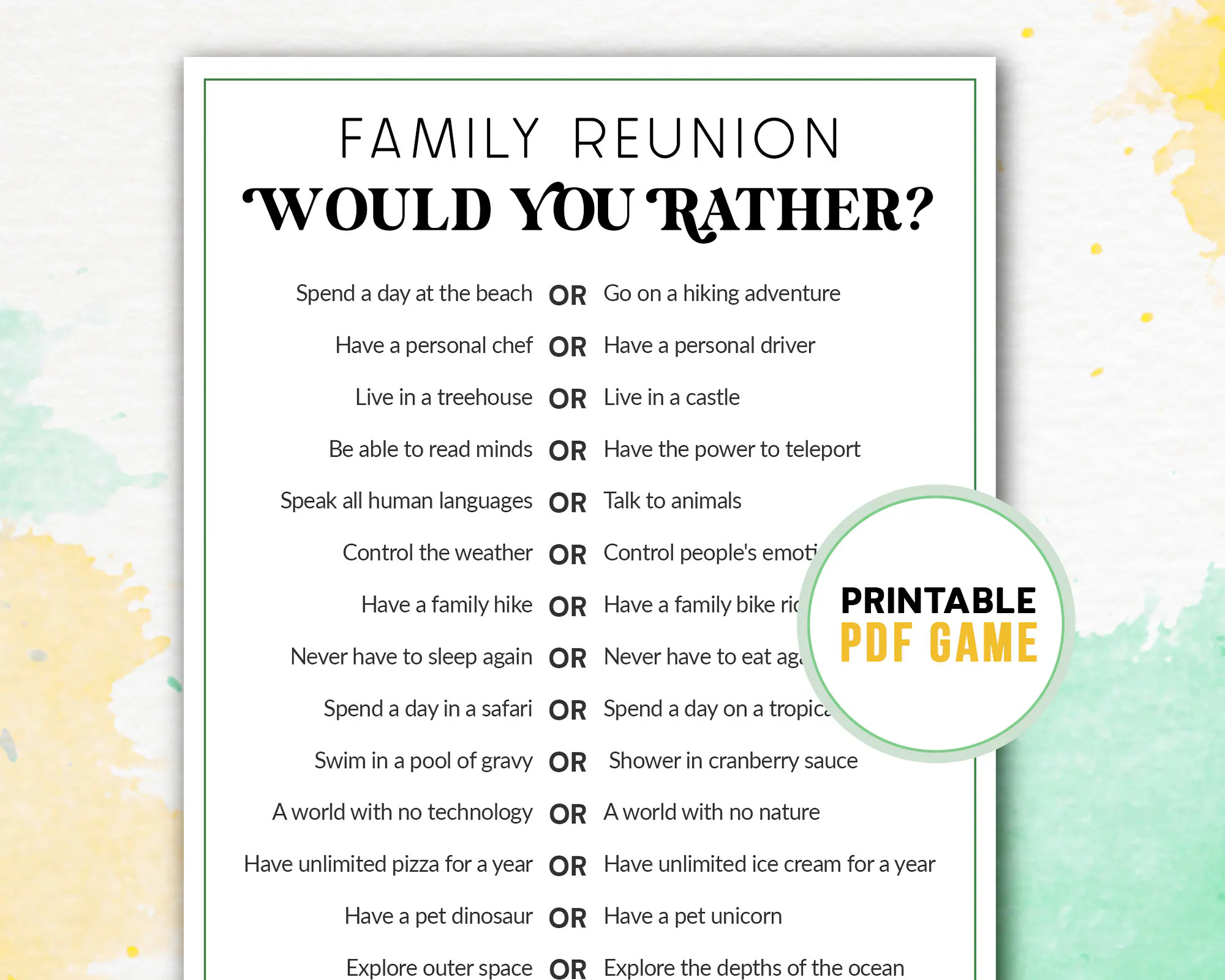 Printable Would You Rather Game Family Reunion Party Activities Family Gathering This Or That Quiz Digital Download Etsy