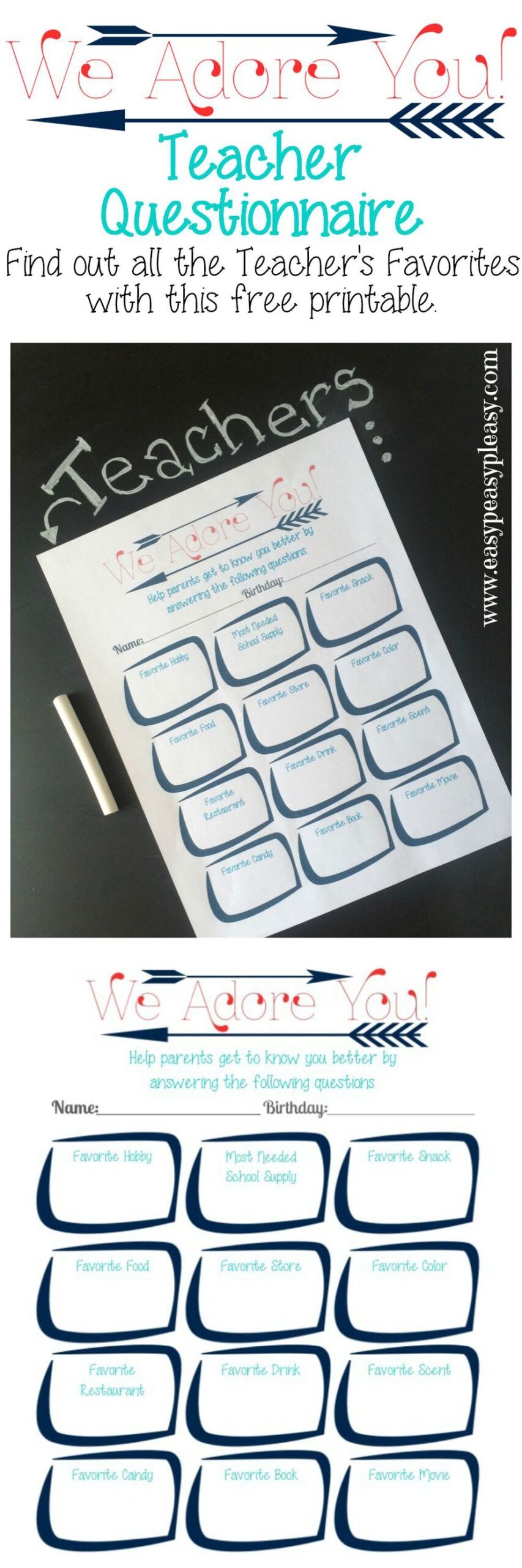 Teacher Gifts Questionnaire Printable