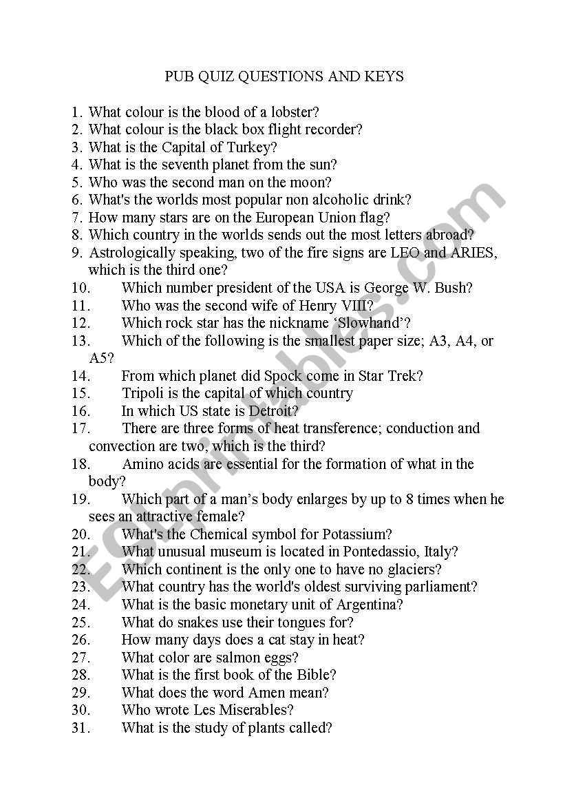 Pub Quiz Questions ESL Worksheet By Bonniegal