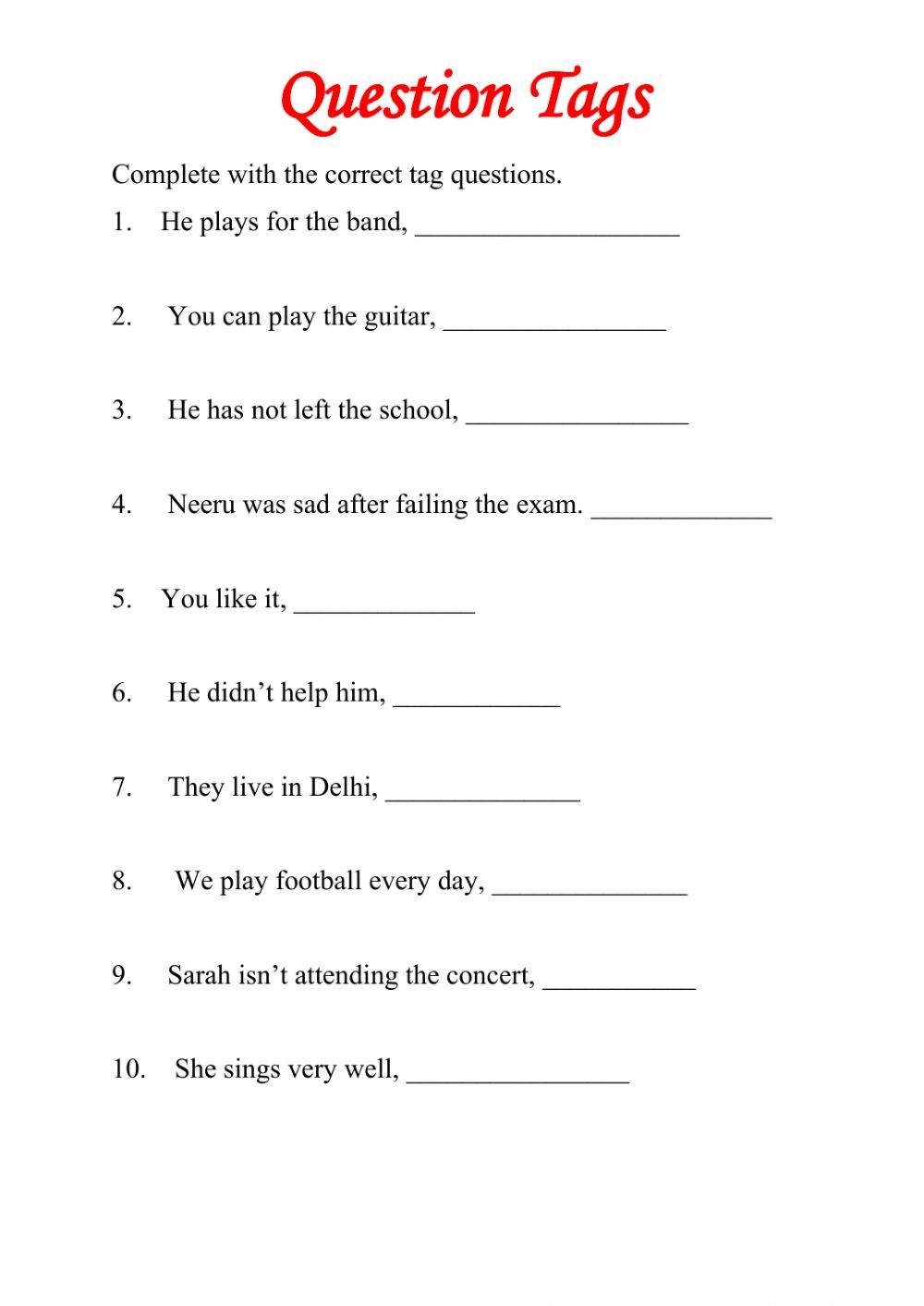 Question Tags Worksheet For 4 Worksheets Library