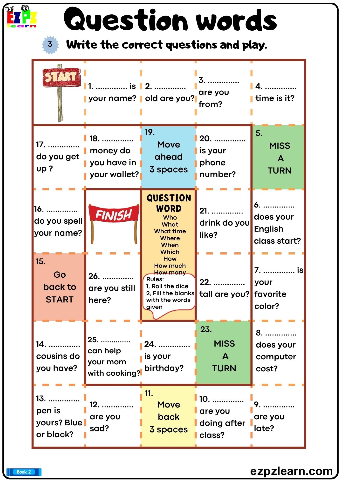 Question Words Play The Game Complete The Sentences With The Correct Question Words Bk2 Grammar Worksheet Free Printable PDF Ezpzlearn