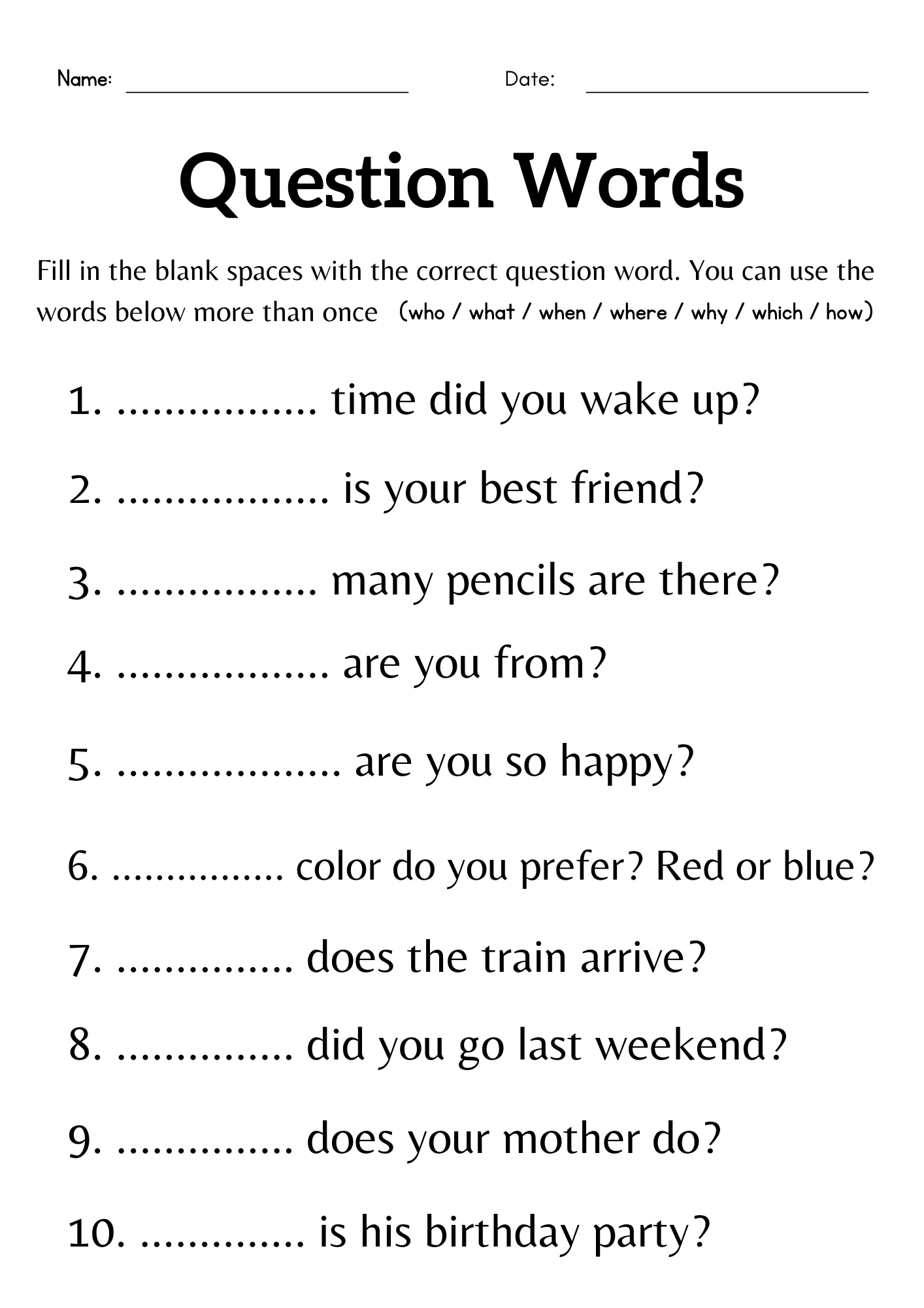 Question Words Worksheet For Grade 1 Or 2 Wh Questions Exercises 