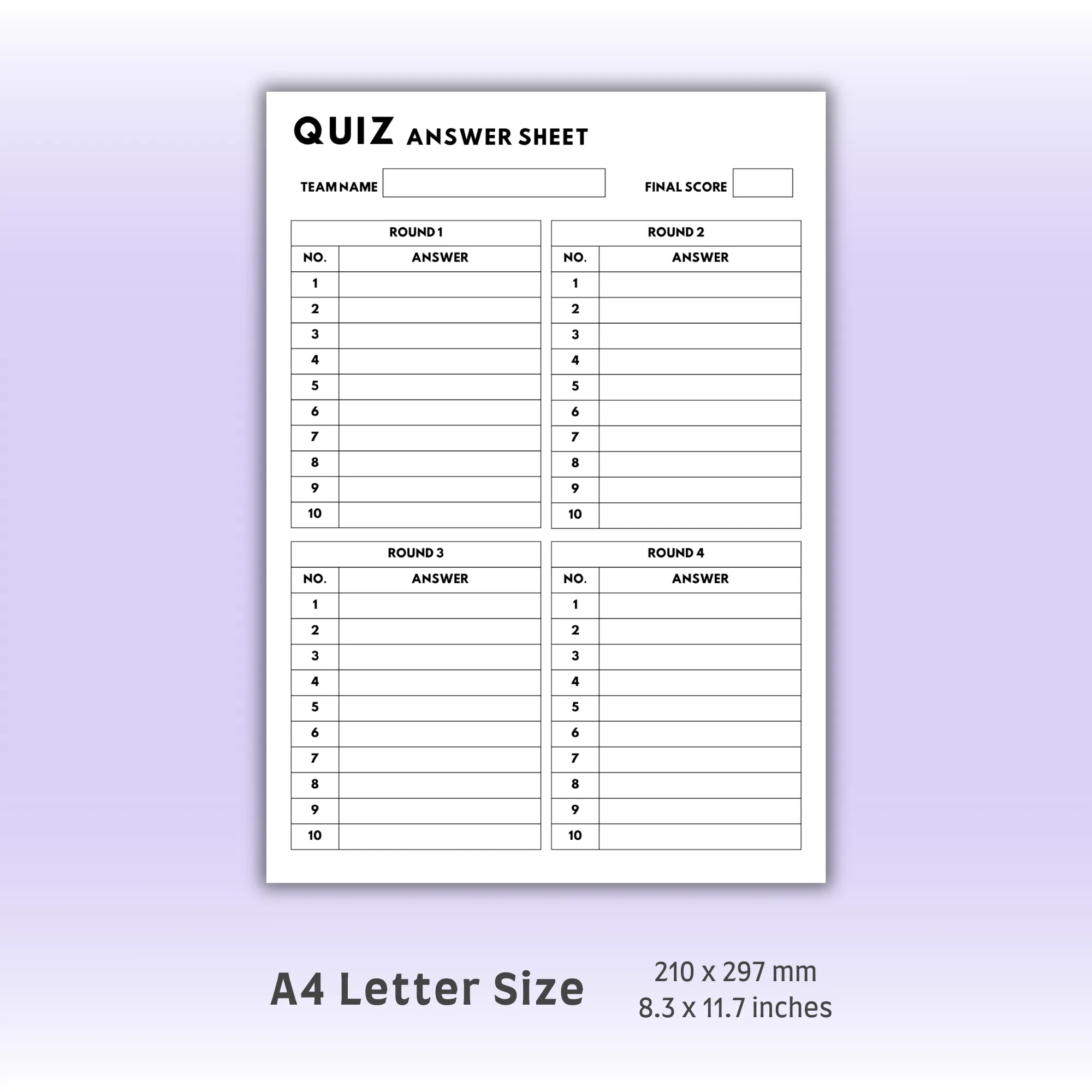 Quiz Answer Sheet 4x10 HeptoLabs
