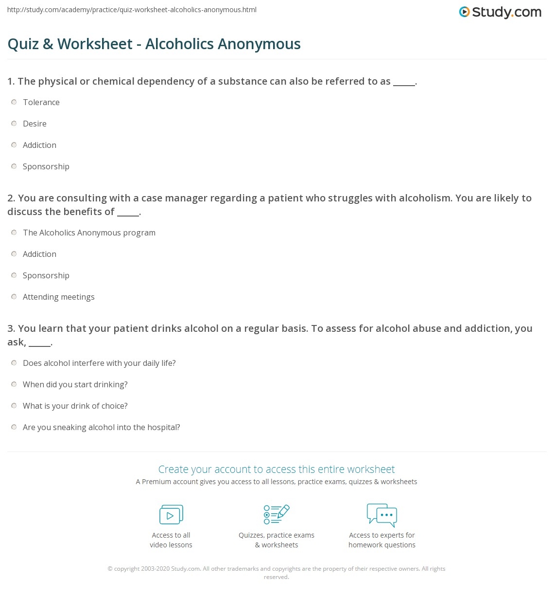 Quiz Worksheet Alcoholics Anonymous Study