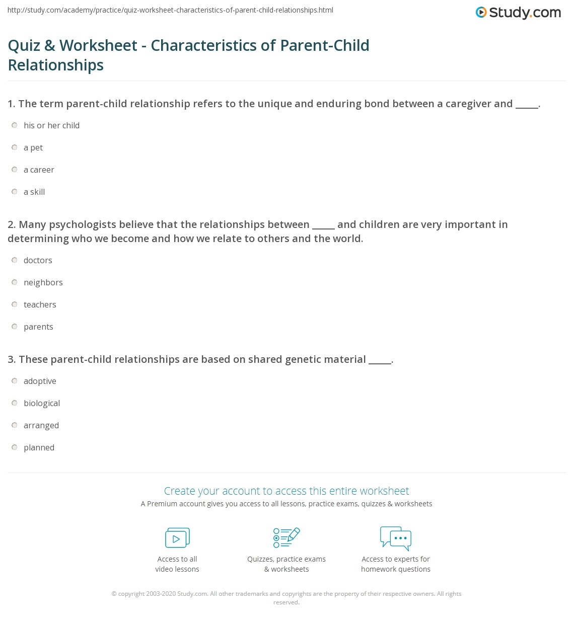Quiz Worksheet Characteristics Of Parent Child Relationships Study