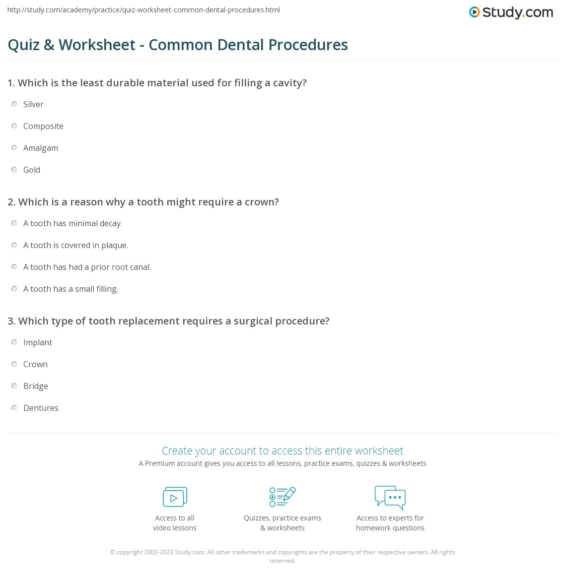 Quiz Worksheet Common Dental Procedures Study