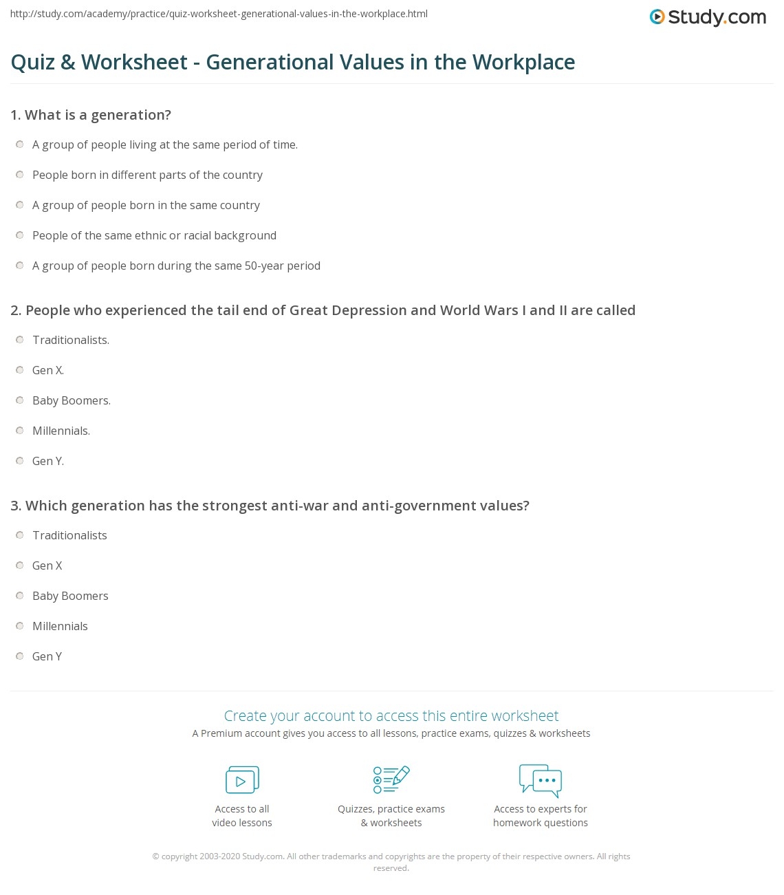 Quiz Worksheet Generational Values In The Workplace Study