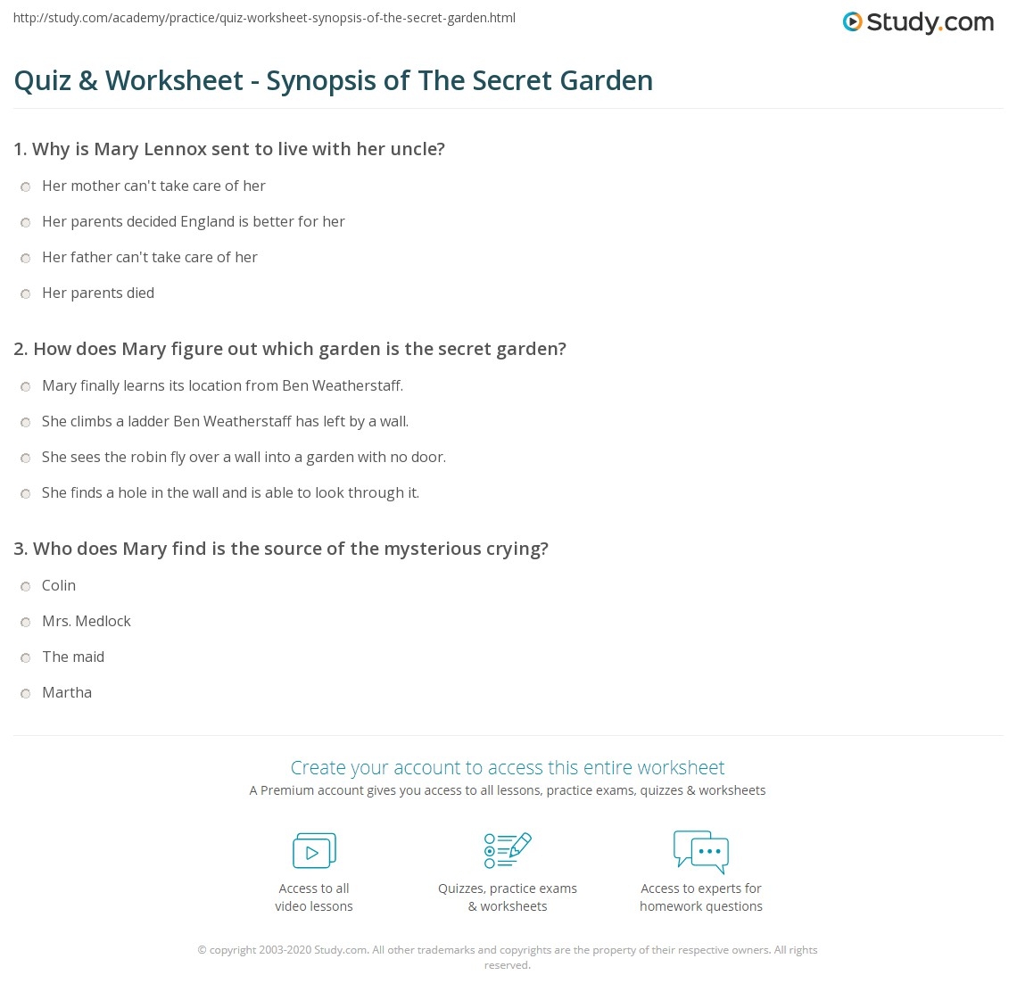 Quiz Worksheet Synopsis Of The Secret Garden Study