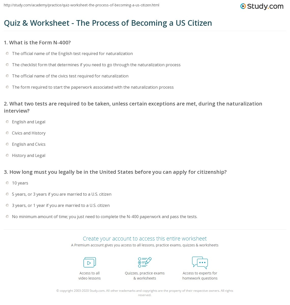 Quiz Worksheet The Process Of Becoming A US Citizen Study