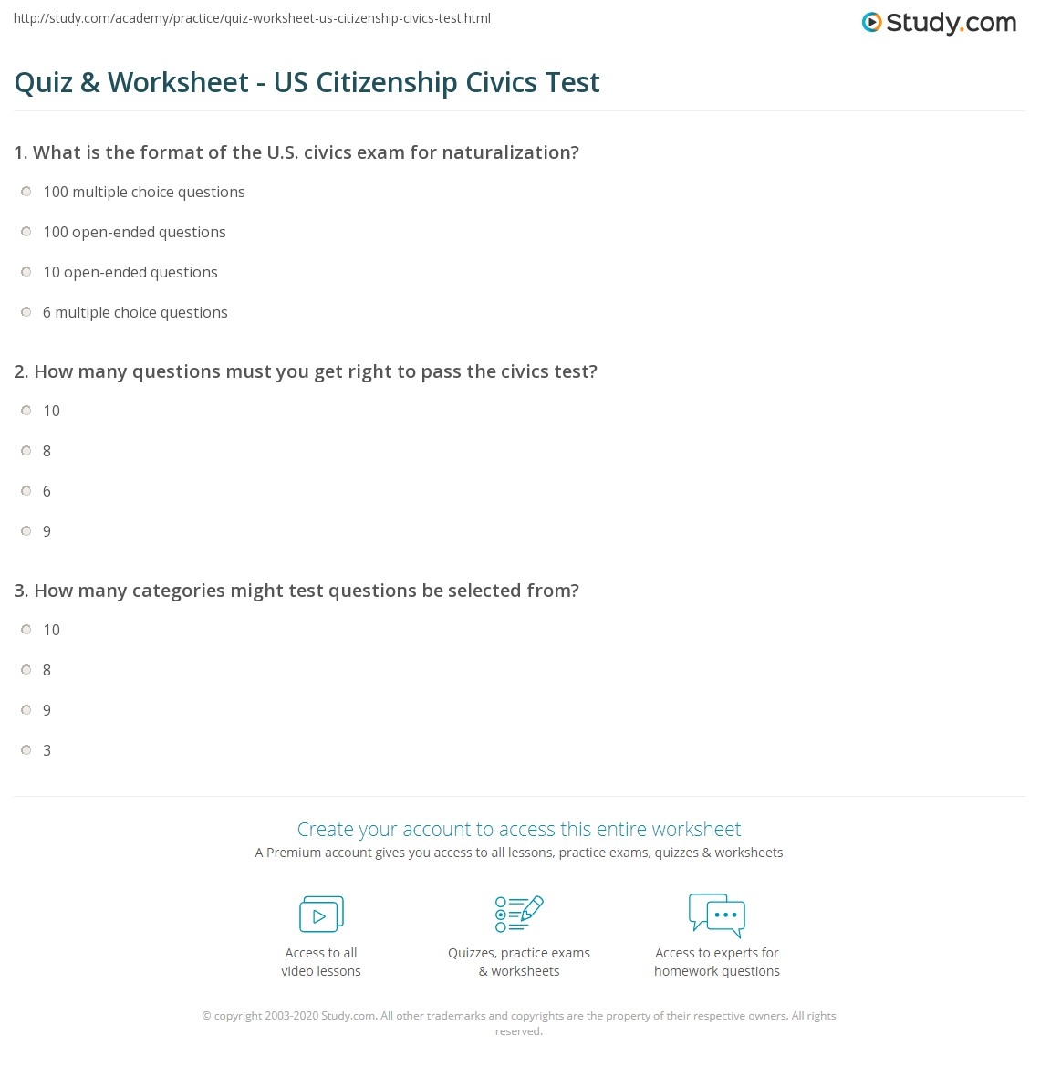Quiz Worksheet US Citizenship Civics Test Study