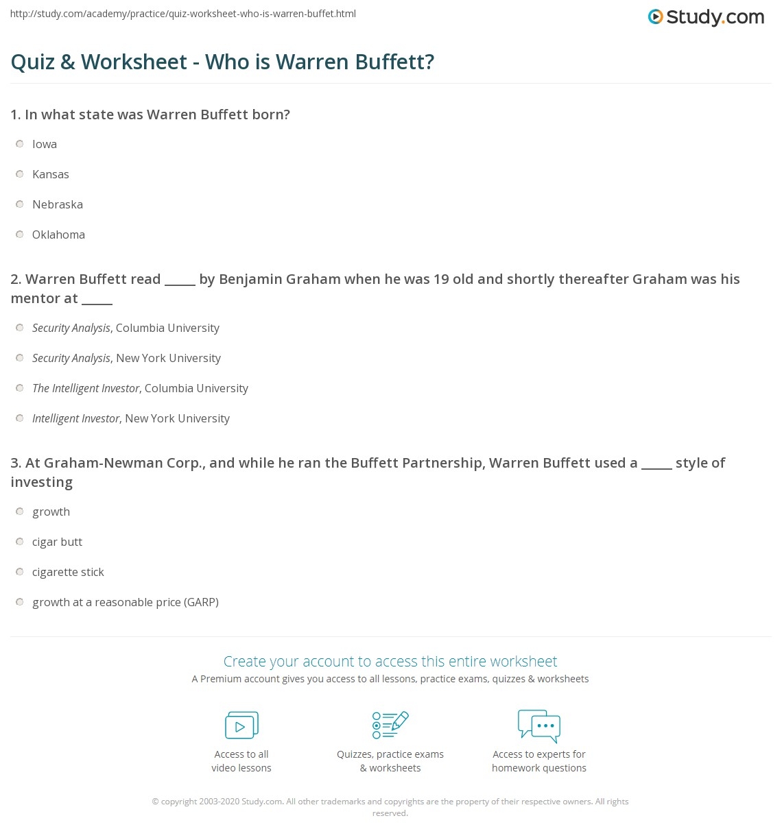 Quiz Worksheet Who Is Warren Buffett Study