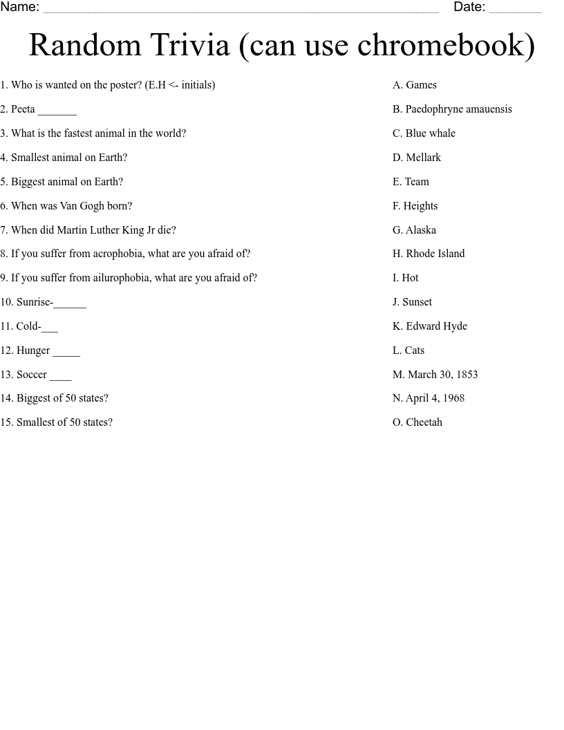 Random Trivia with Answers Printable