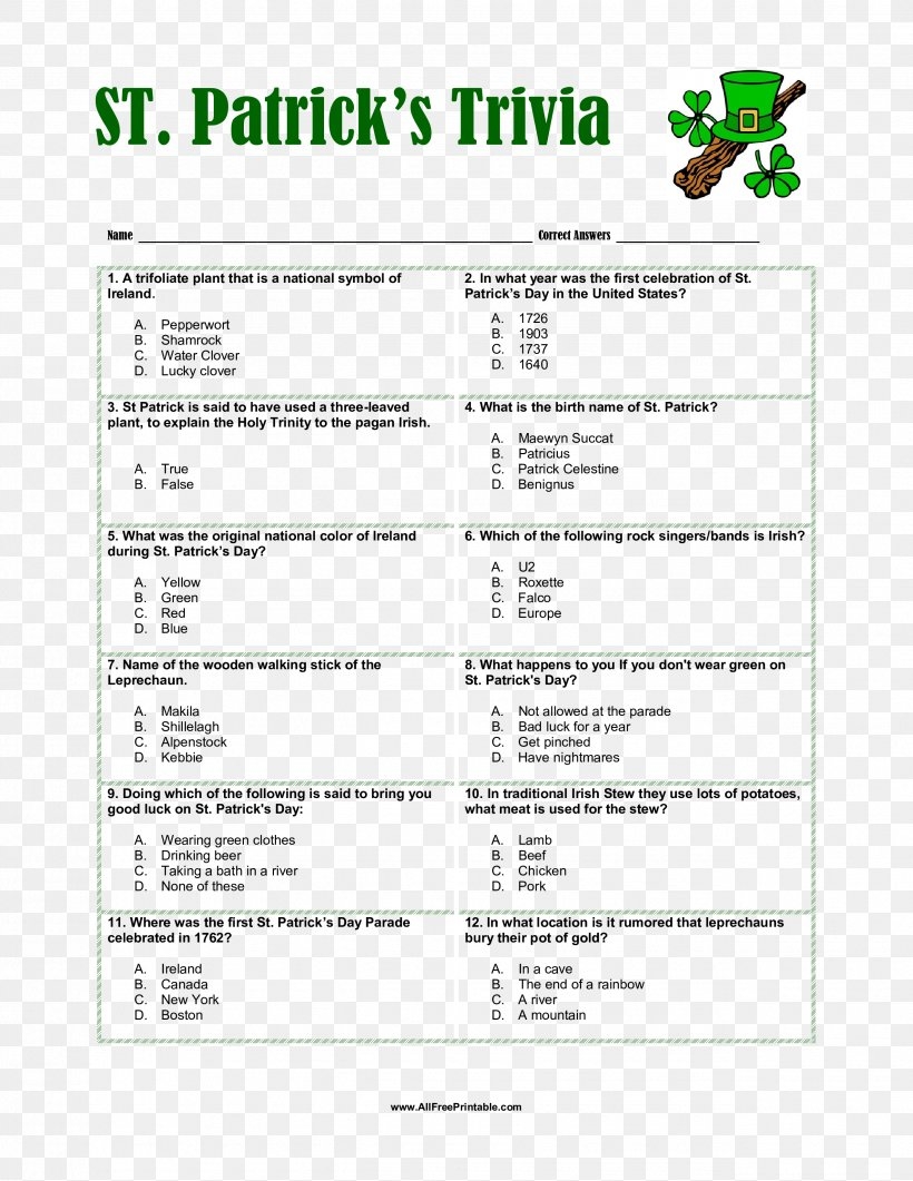 St Patrick's Day Printable Trivia Questions