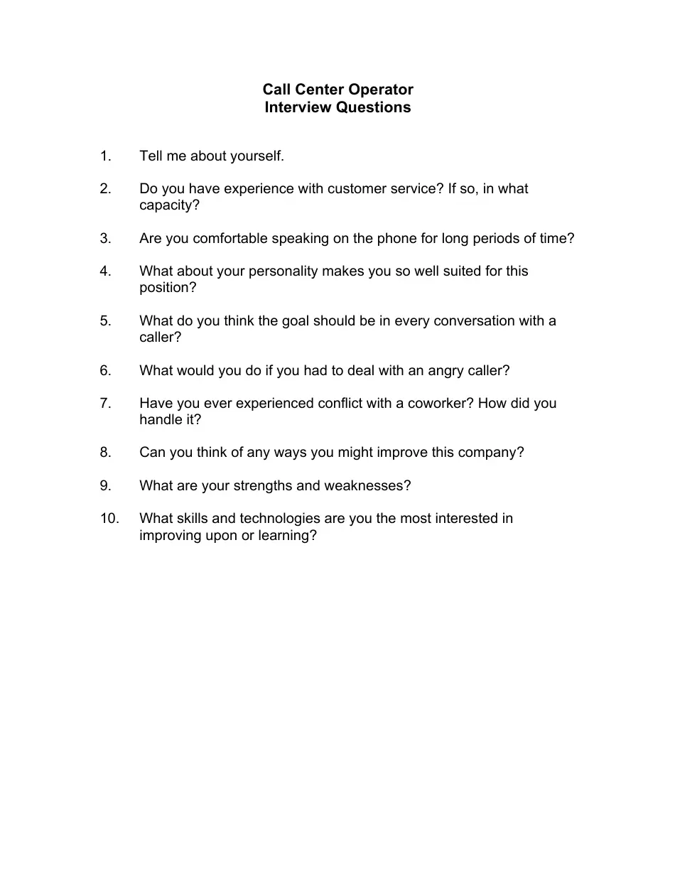 Sample Call Center Interview Questions Fill Out Sign Online And Download PDF Templateroller