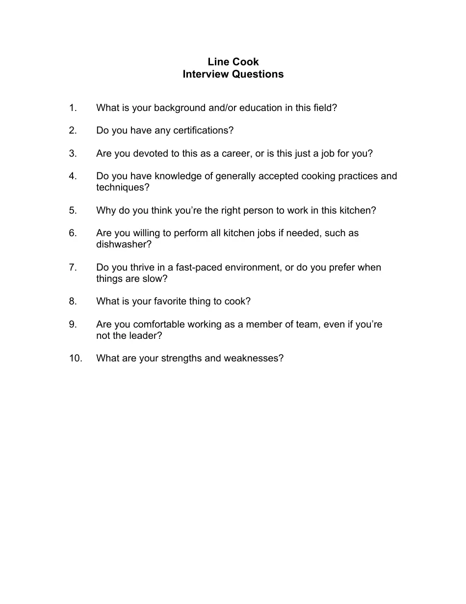 Sample Line Cook Interview Questions Fill Out Sign Online And Download PDF Templateroller
