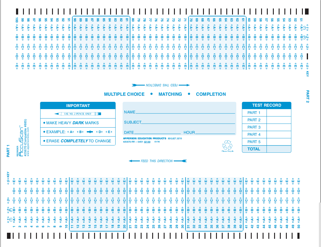 Scantron Compatible Answer Sheet And Forms Catalog Apperson s Scantron 150 Q Compatible Form 885 25670 