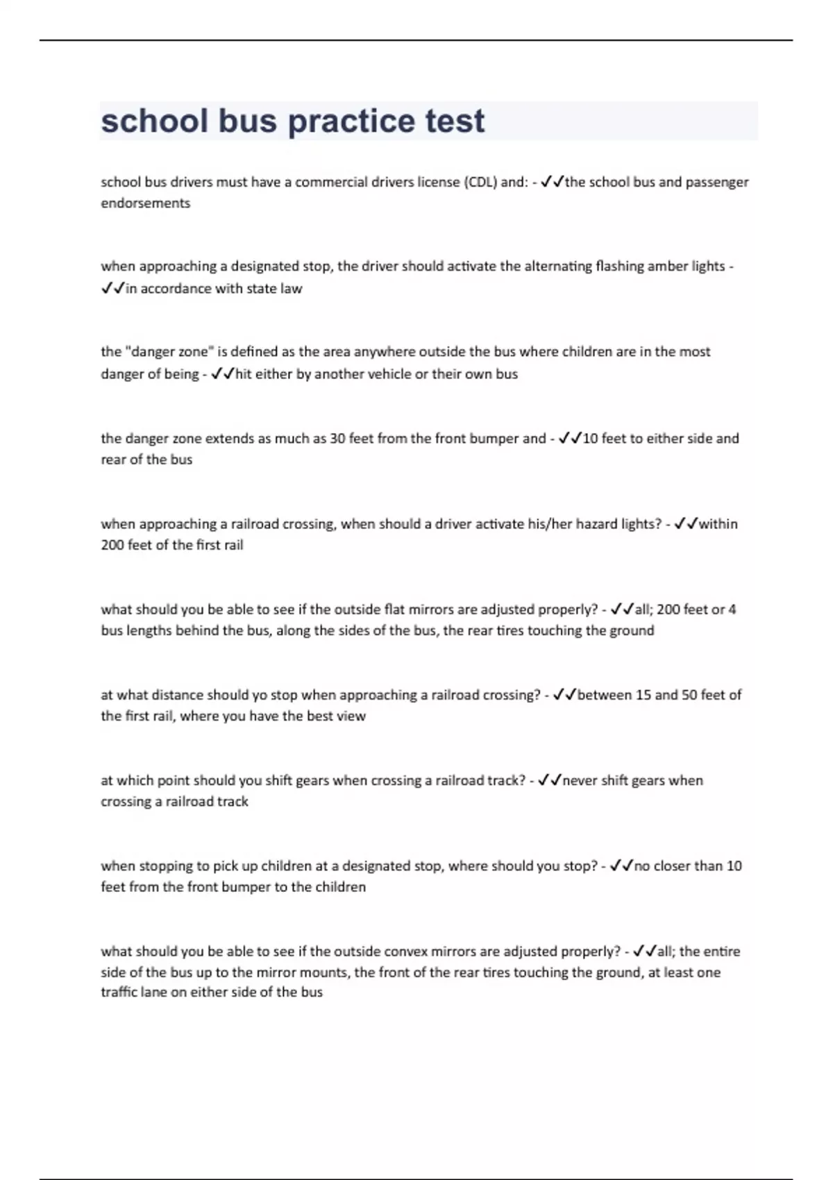 School Bus Practice Test Questions With 100 Correct Answers Verified School Bus Practice Stuvia US