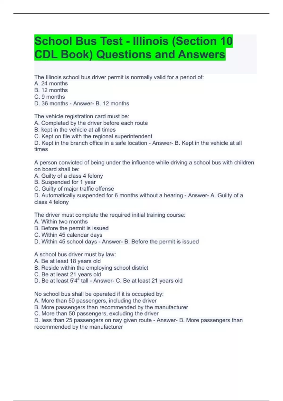 School Bus Test Illinois Section 10 CDL Book Questions And Answers School Bus Stuvia US