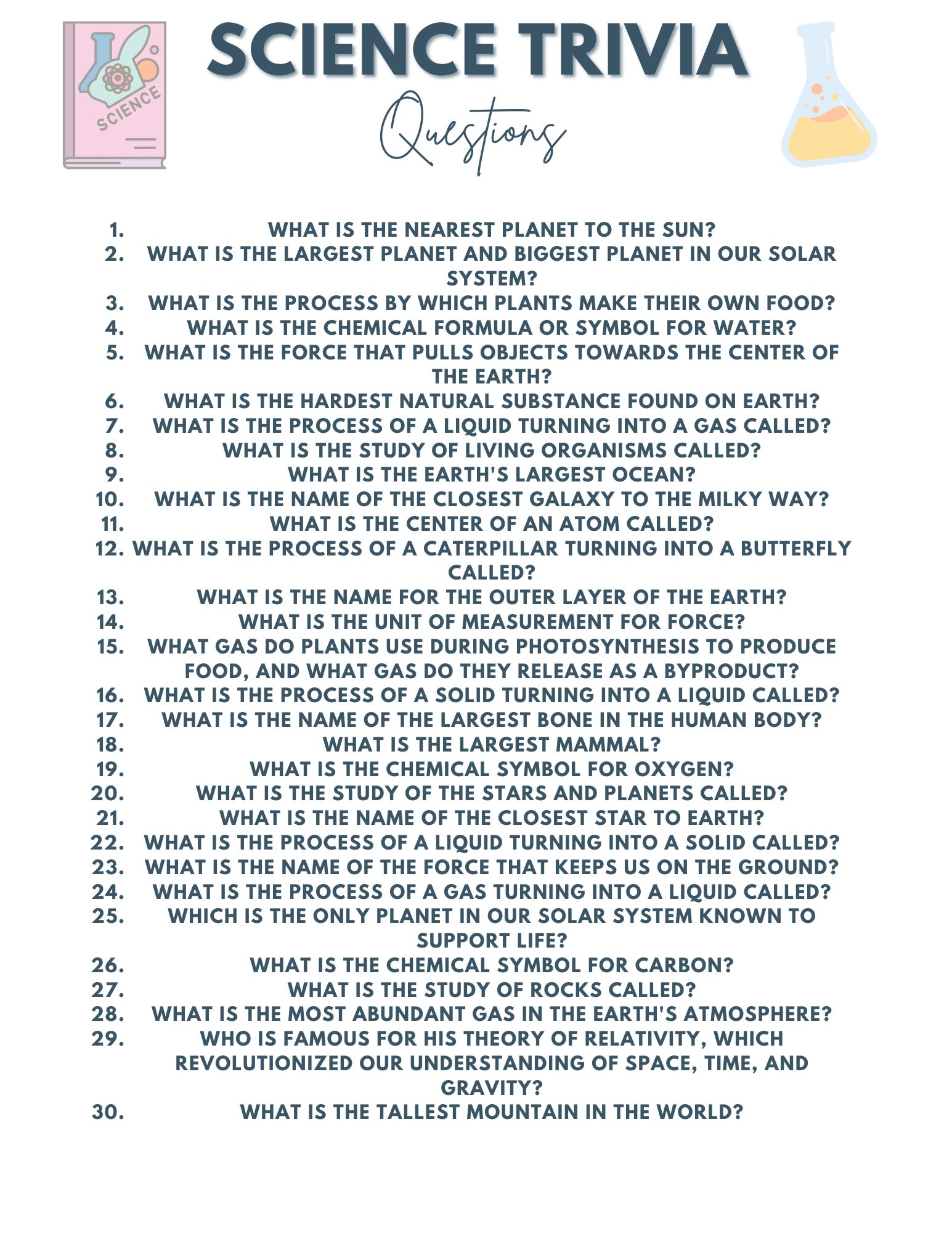 science trivia questions for kids with printable q and a sheet