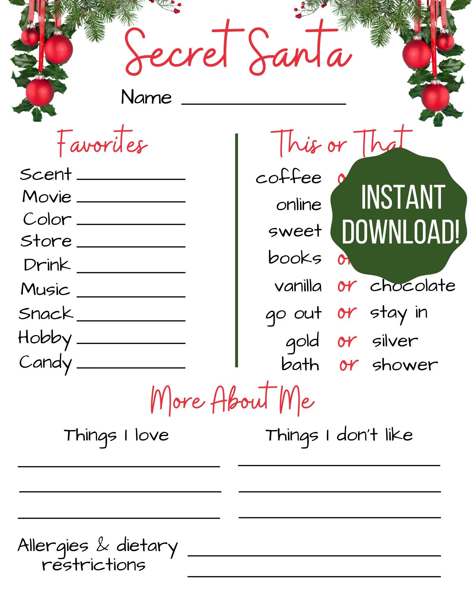 Secret Pal Questionnaire Etsy