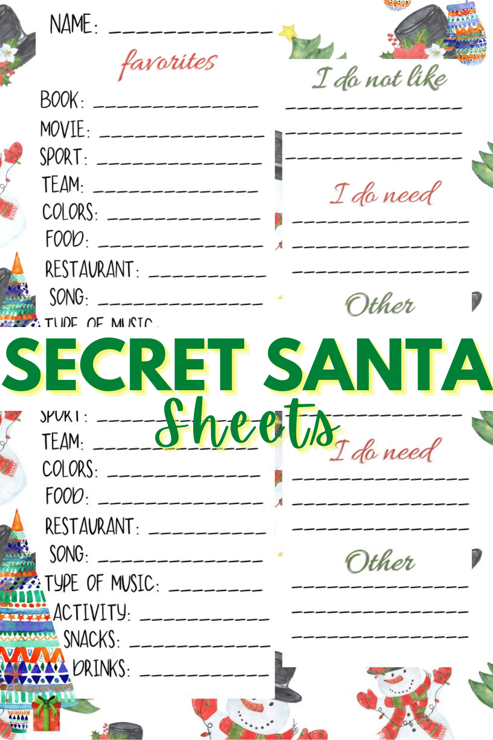 Secret Santa Forms Printable Printable Party Favors