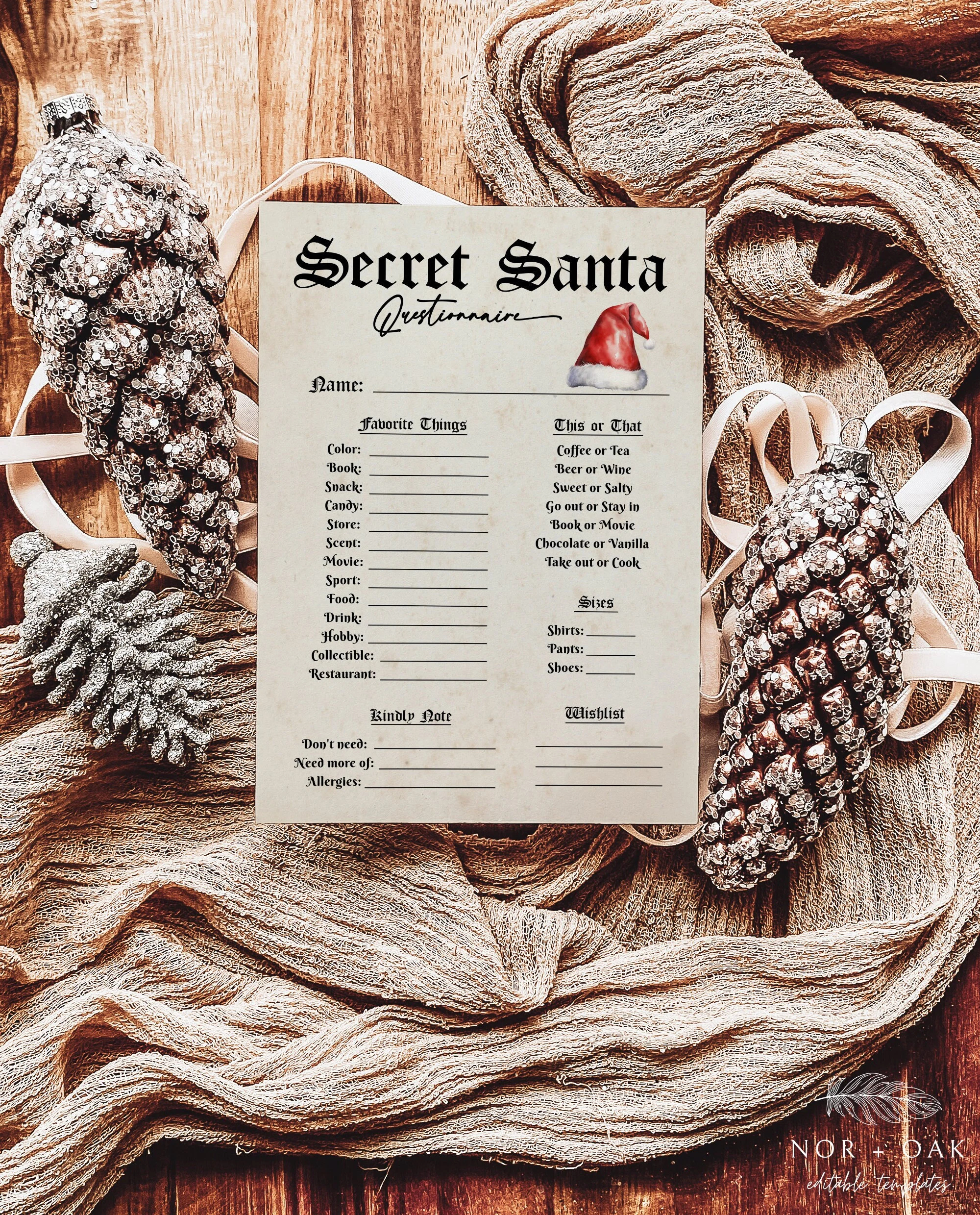 Secret Santa Gift Exchange Questionnaire Printable Christmas Holiday Secret Santa Survey Office Party Secret Santa Questionnaire Vintage Etsy