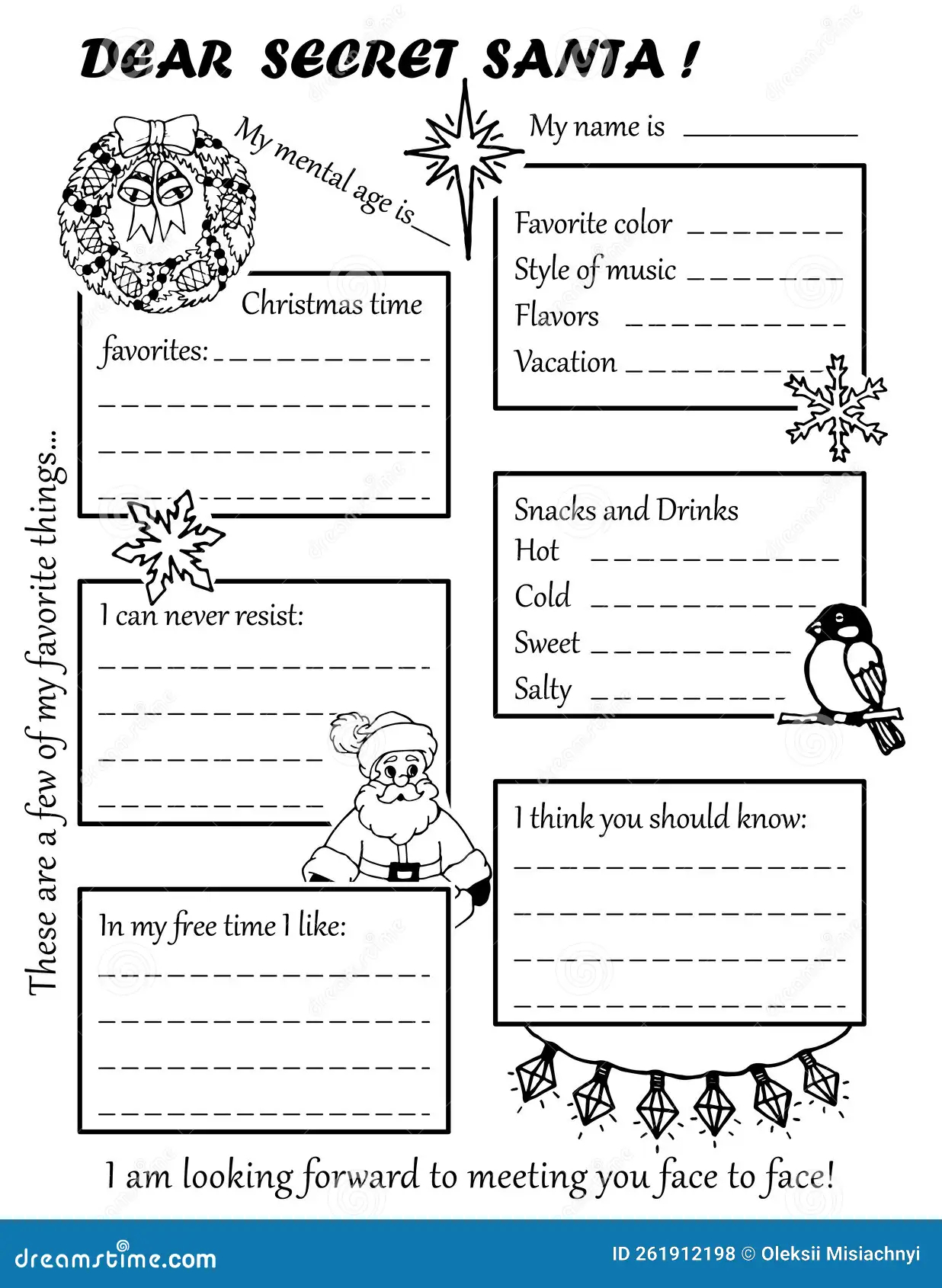 Secret Santa Questionnaire For Black And White Printing Stock Vector Illustration Of Garland Print 261912198