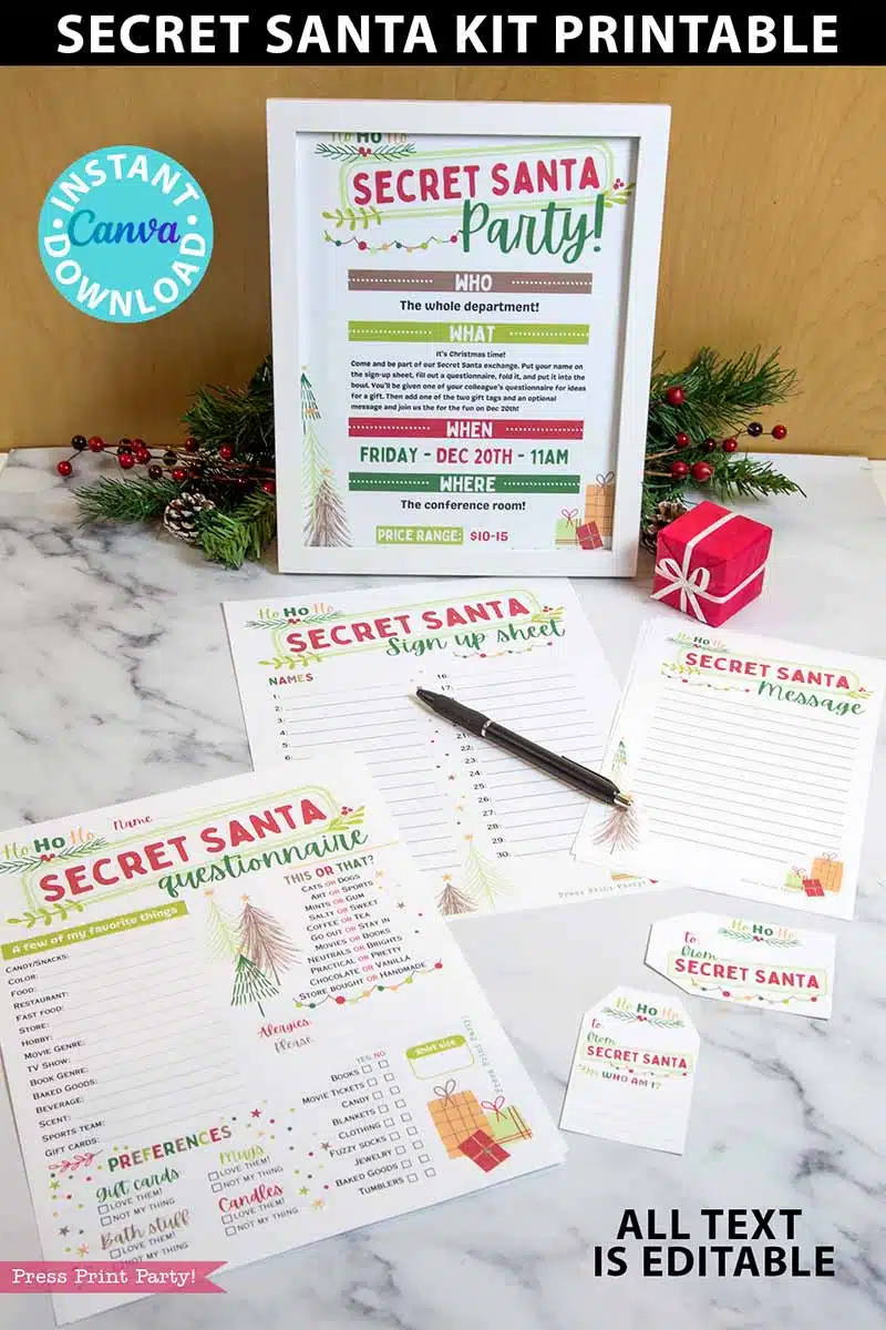 Secret Santa Questionnaire Printable Kit For Adults Youth