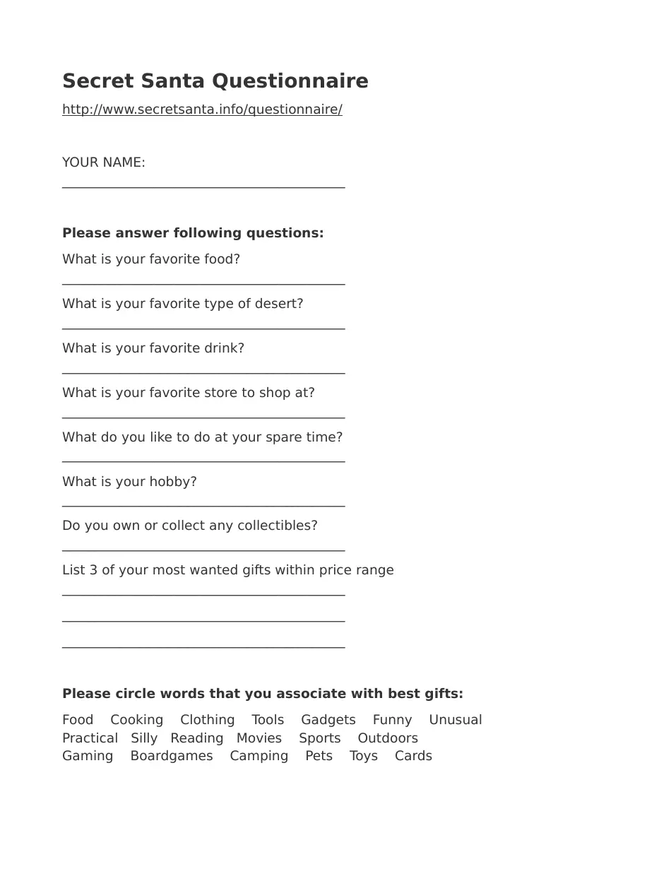 Secret Santa Questionnaire Printable Black and White