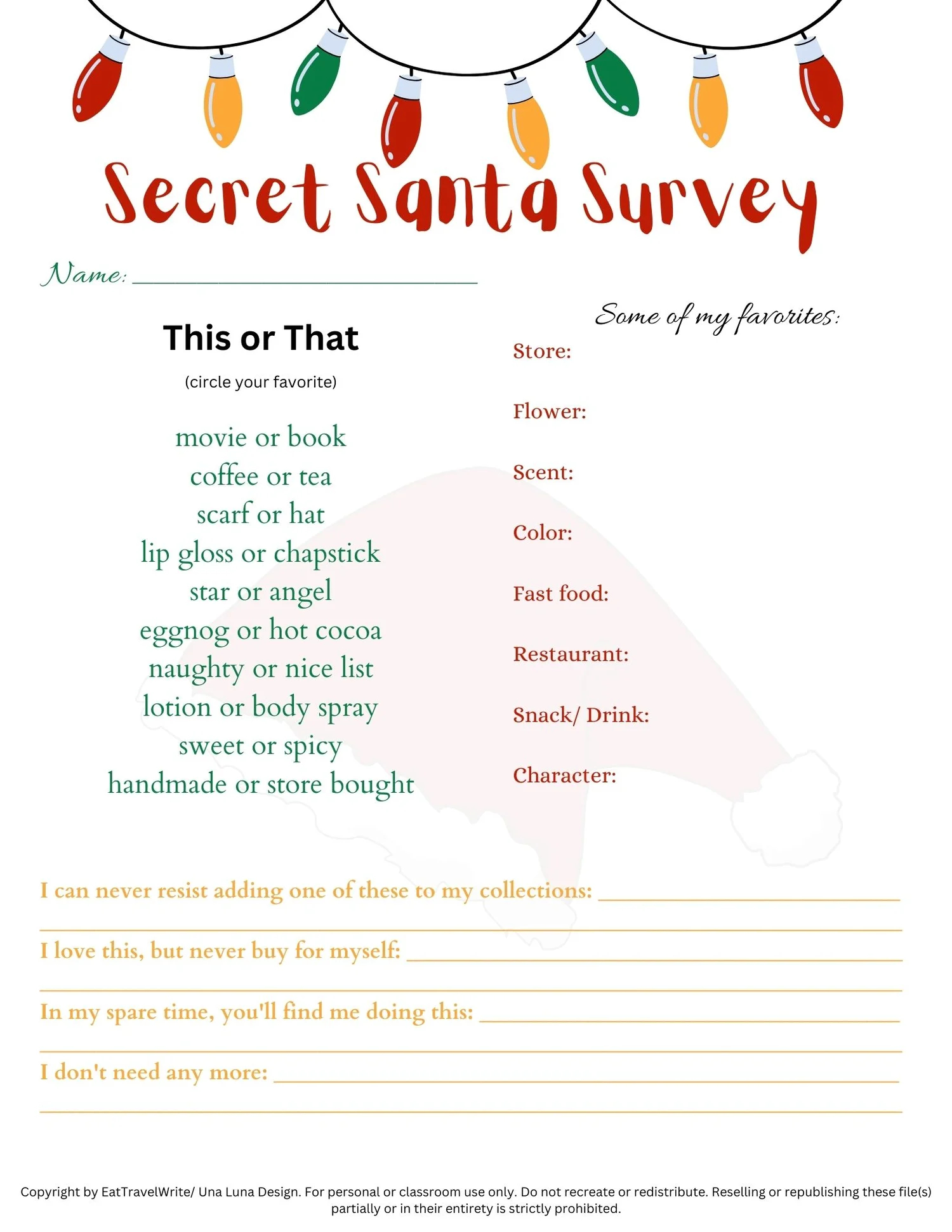 Secret Santa Survey Printable Sheet Payhip