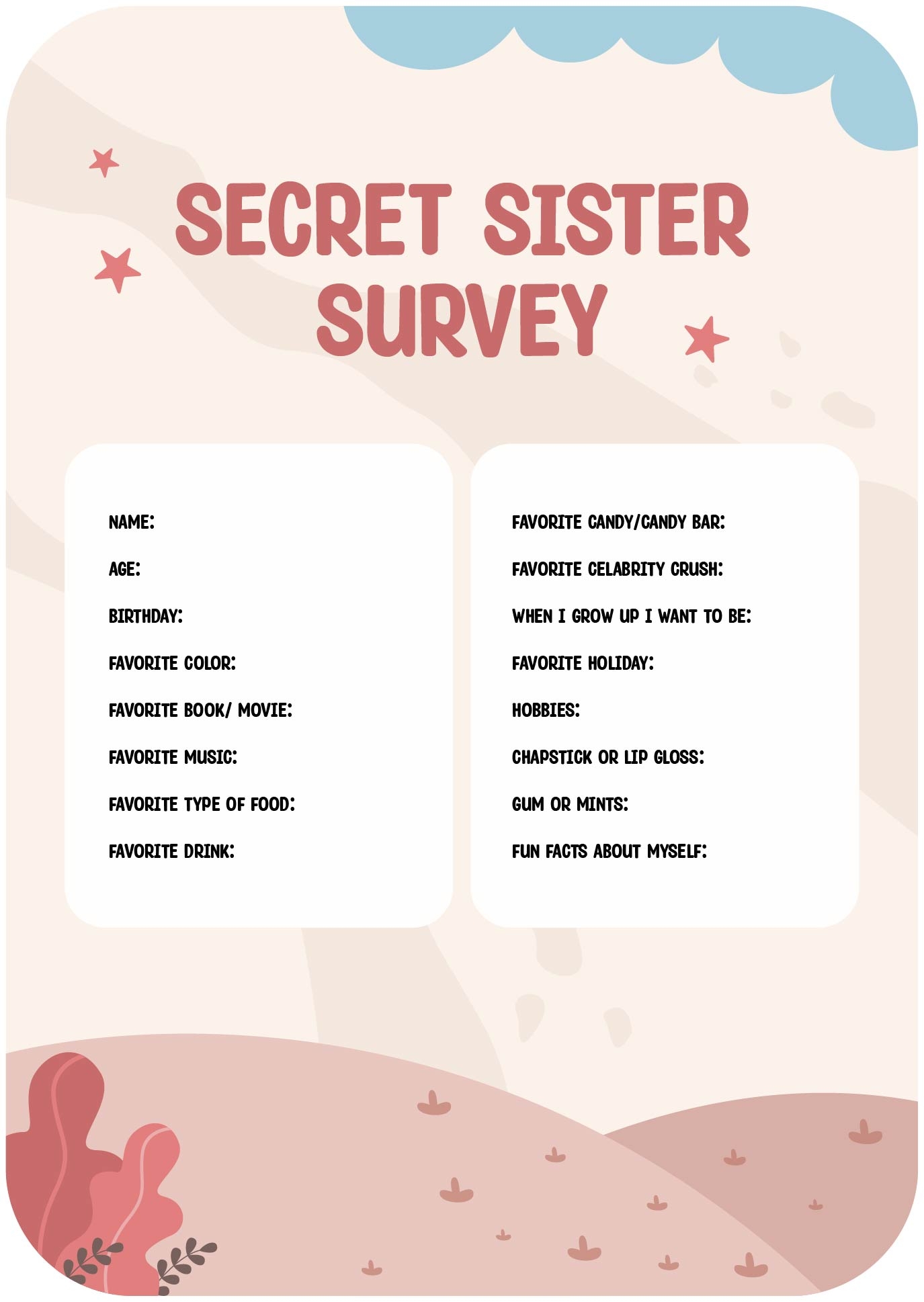 Free Printable Secret Sister Questionnaire Church
