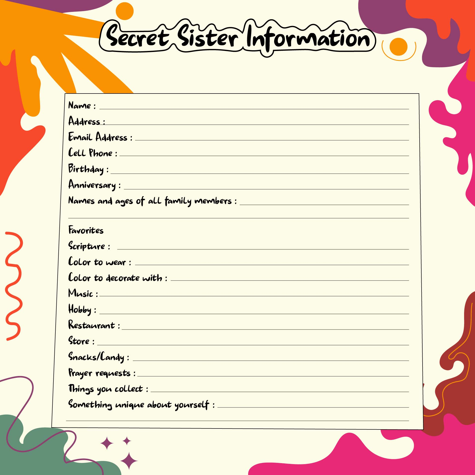 Secret Sister Questionnaire Printable Adults