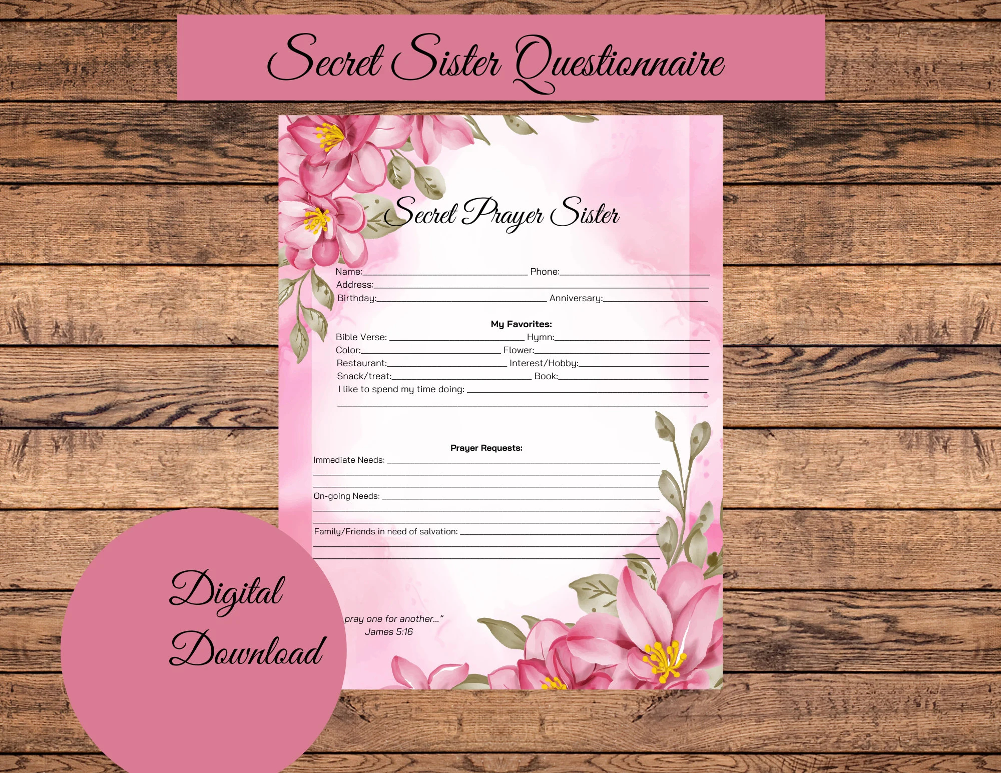 Secret Sister Questionnaire Church Etsy