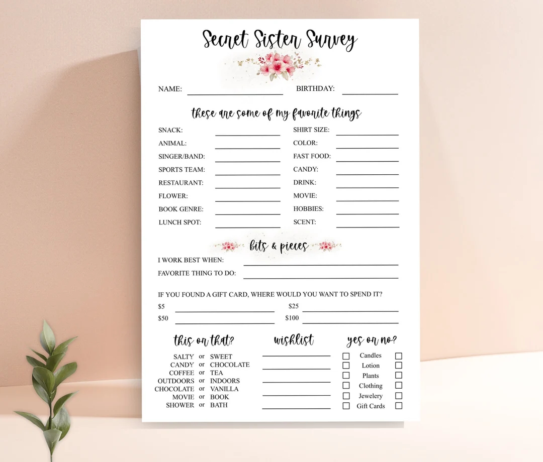 Secret Sister Questionnaire Get To Know You Template Secret Sister Survey All About Me Printable Gift Exchange Ideas Get To Know Me Template Etsy