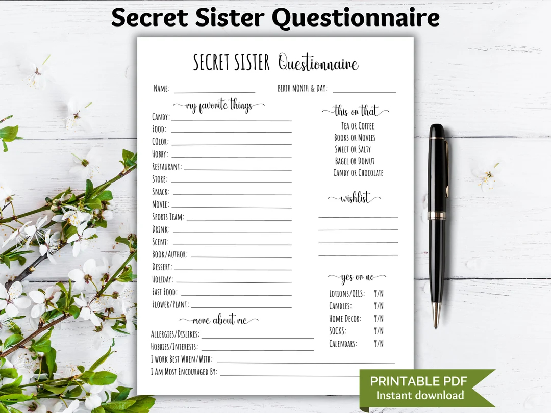 Secret Sister Questionnaire Printable All About Me Survey Church Gift Exchange Women s Ministry Work Office Church Staff Appreciation Etsy