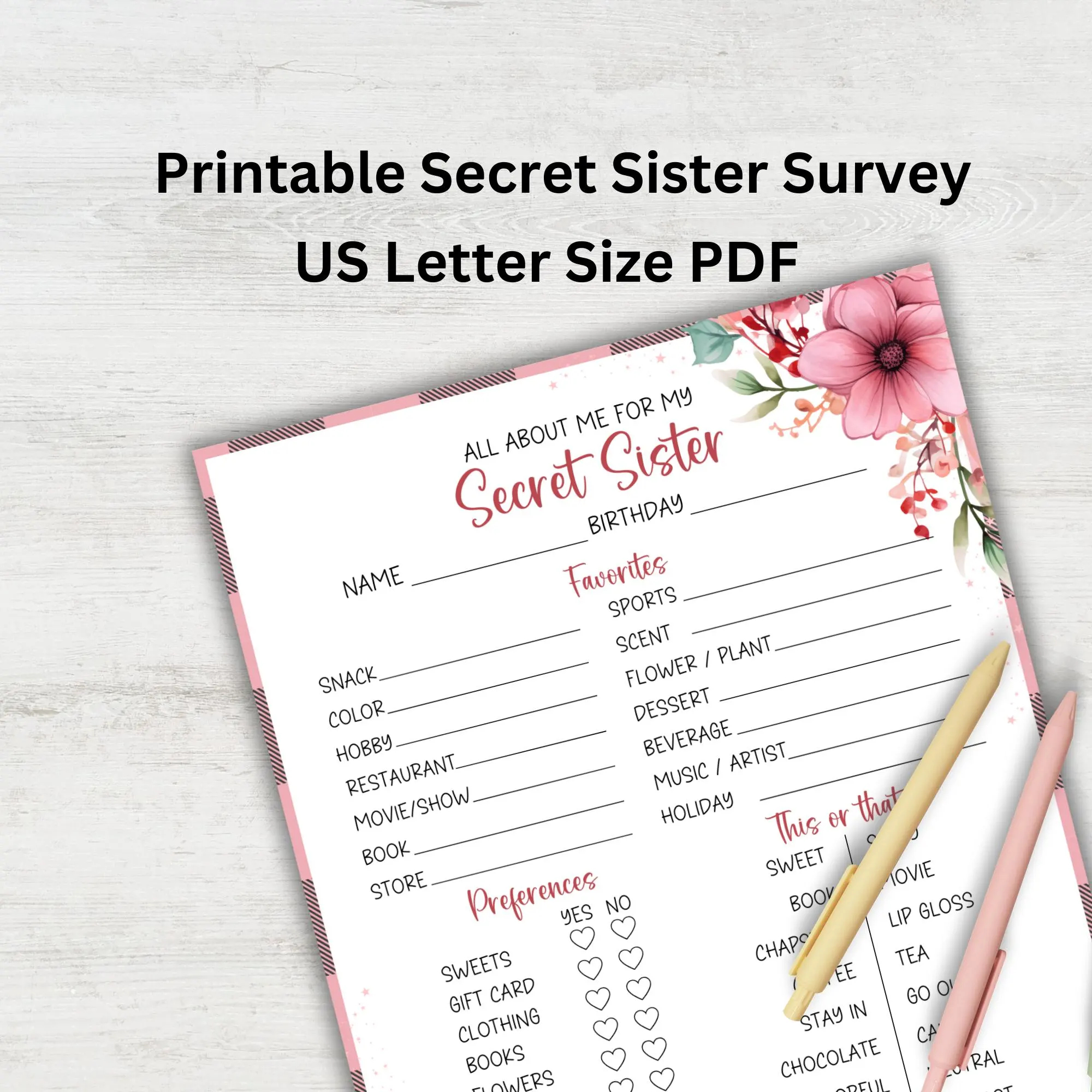 Secret Sister Questionnaire Secret Sister Gift Exchange Survey Printable All About Me Secret Sister Form Idea For Work Church Or Friends Etsy