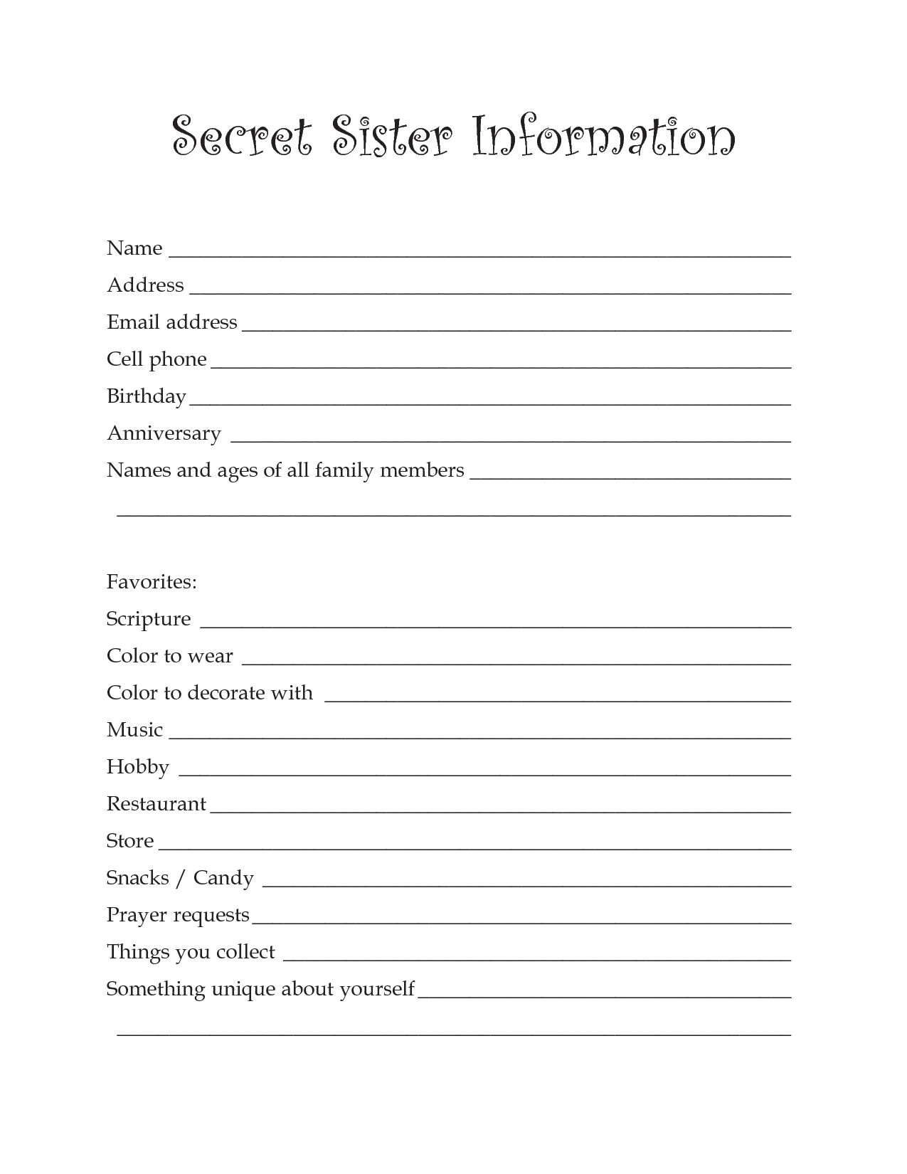 Church Secret Sister Questionnaire Printable