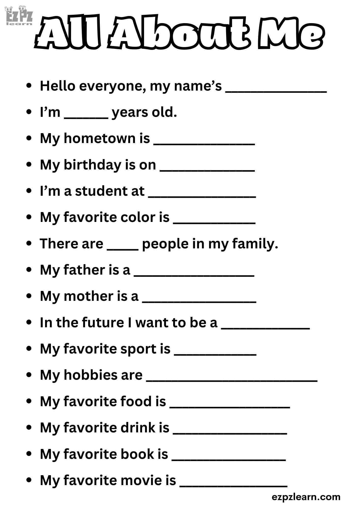 All About Me Questionnaire Printable