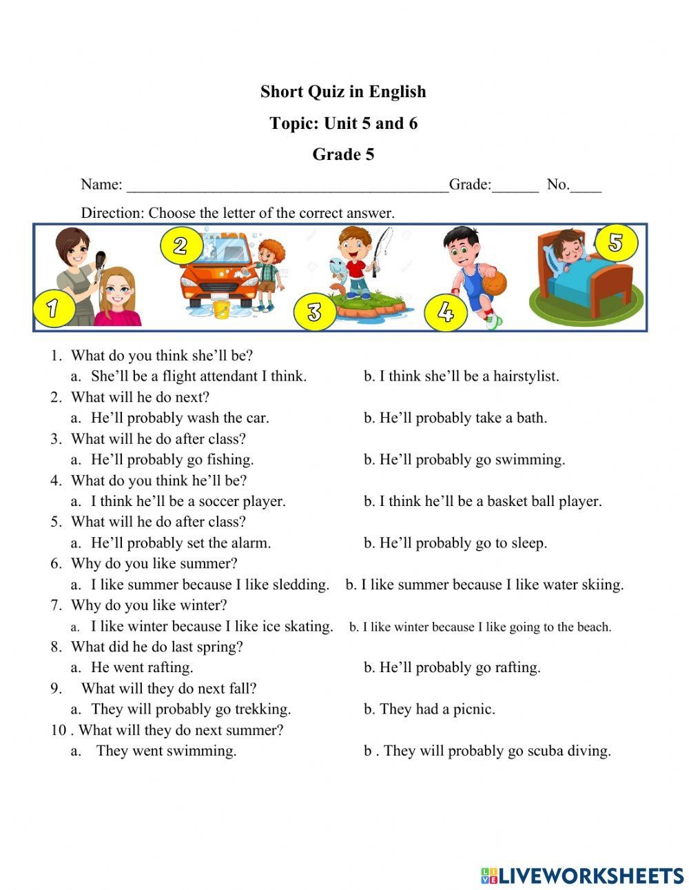 Short Quiz In English Grade 5 TeacherMaricar Live Worksheets Library