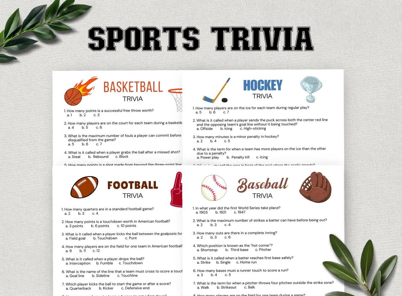 Sports Trivia Fun Printable Trivia Questions Sports Theme Birthday Party Games Football Trivia Baseball Trivia Hockey Basketball Etsy