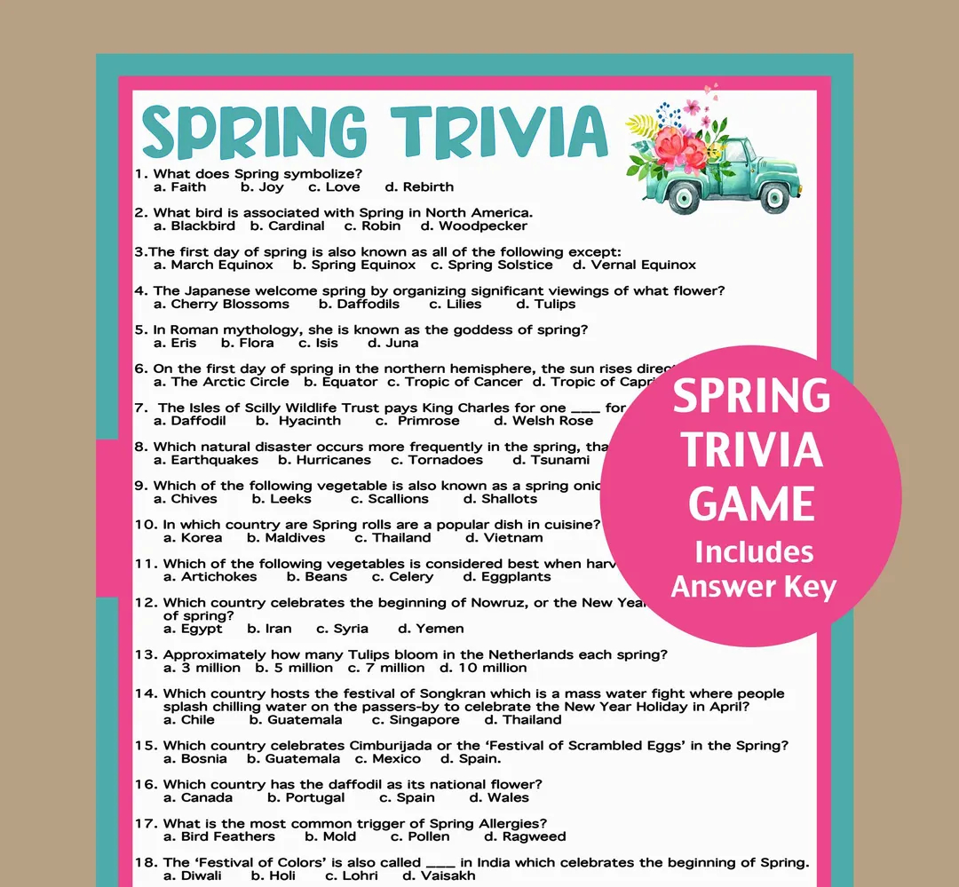 Spring Trivia Game Printable Spring Game Fun Spring Games Spring Activities For Adults Teens And Kids Spring School Game Etsy
