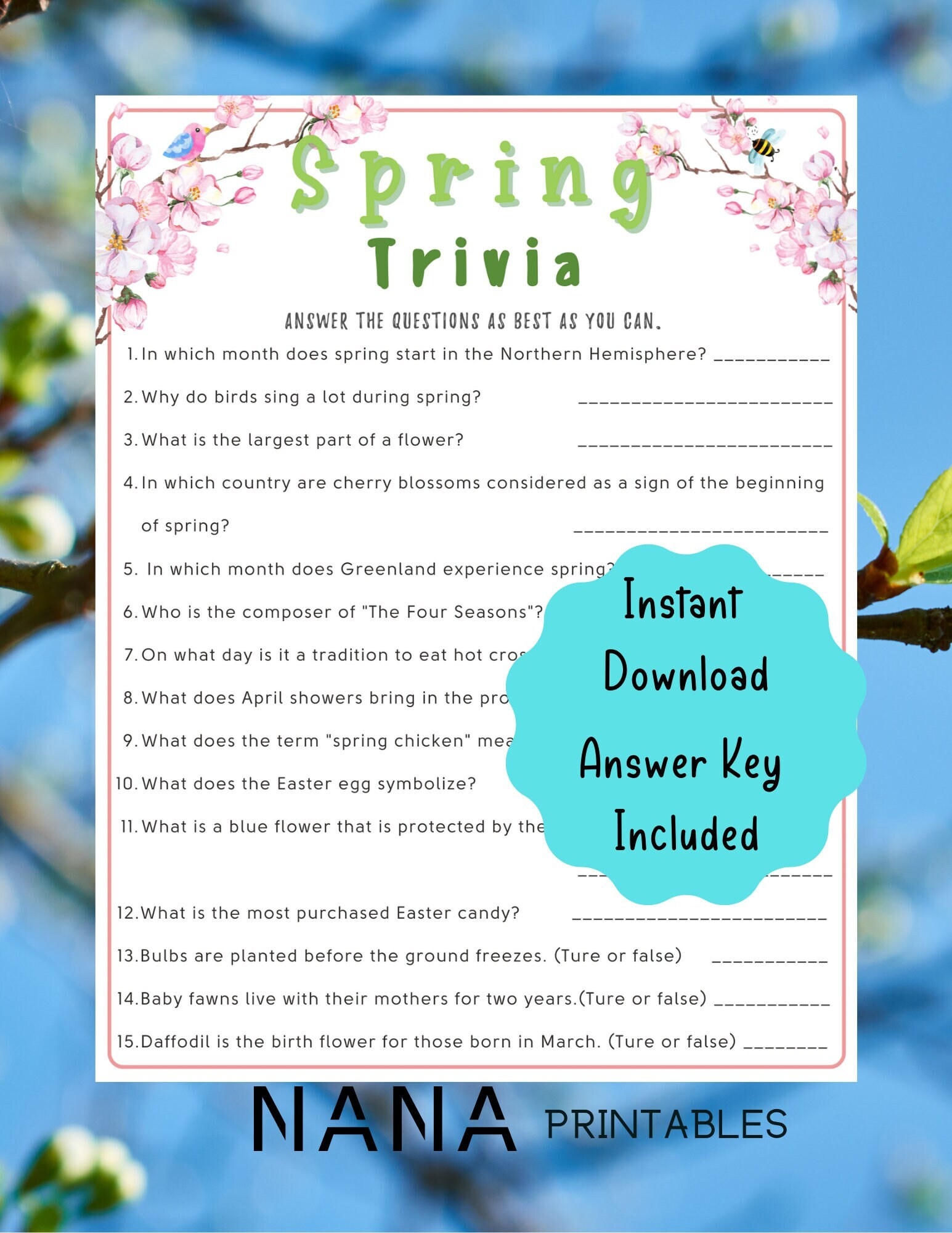 Spring Trivia Printable Game Fun Spring Fact Trivia Party Game Spring Activities For Kids Adults party Game Spring School Activities Etsy