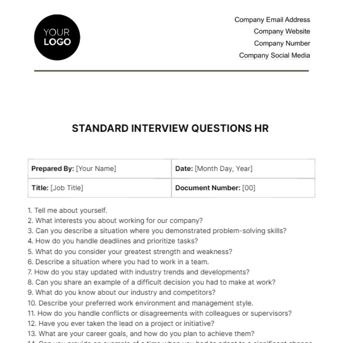 Standard Interview Questions HR Template In PDF Word Google Docs Download Template